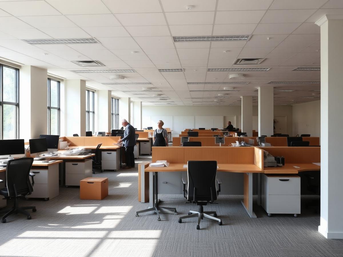 Empty office space being cleared of old desks and chairs