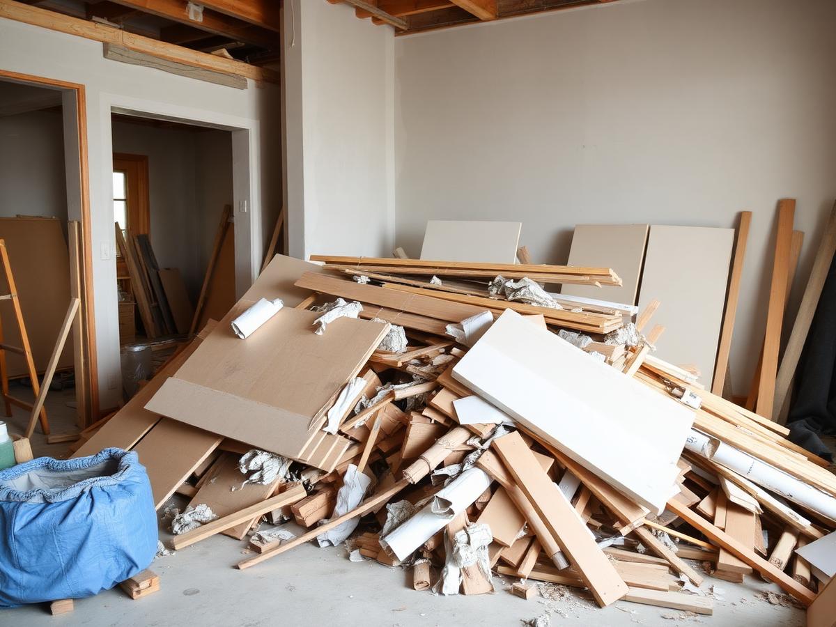Renovation debris piled for removal inside a home under construction