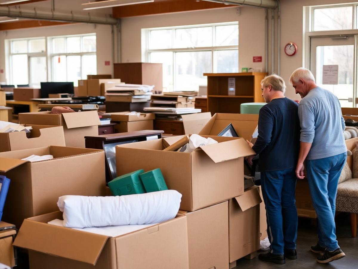 Usable household items sorted into boxes for donation and reuse