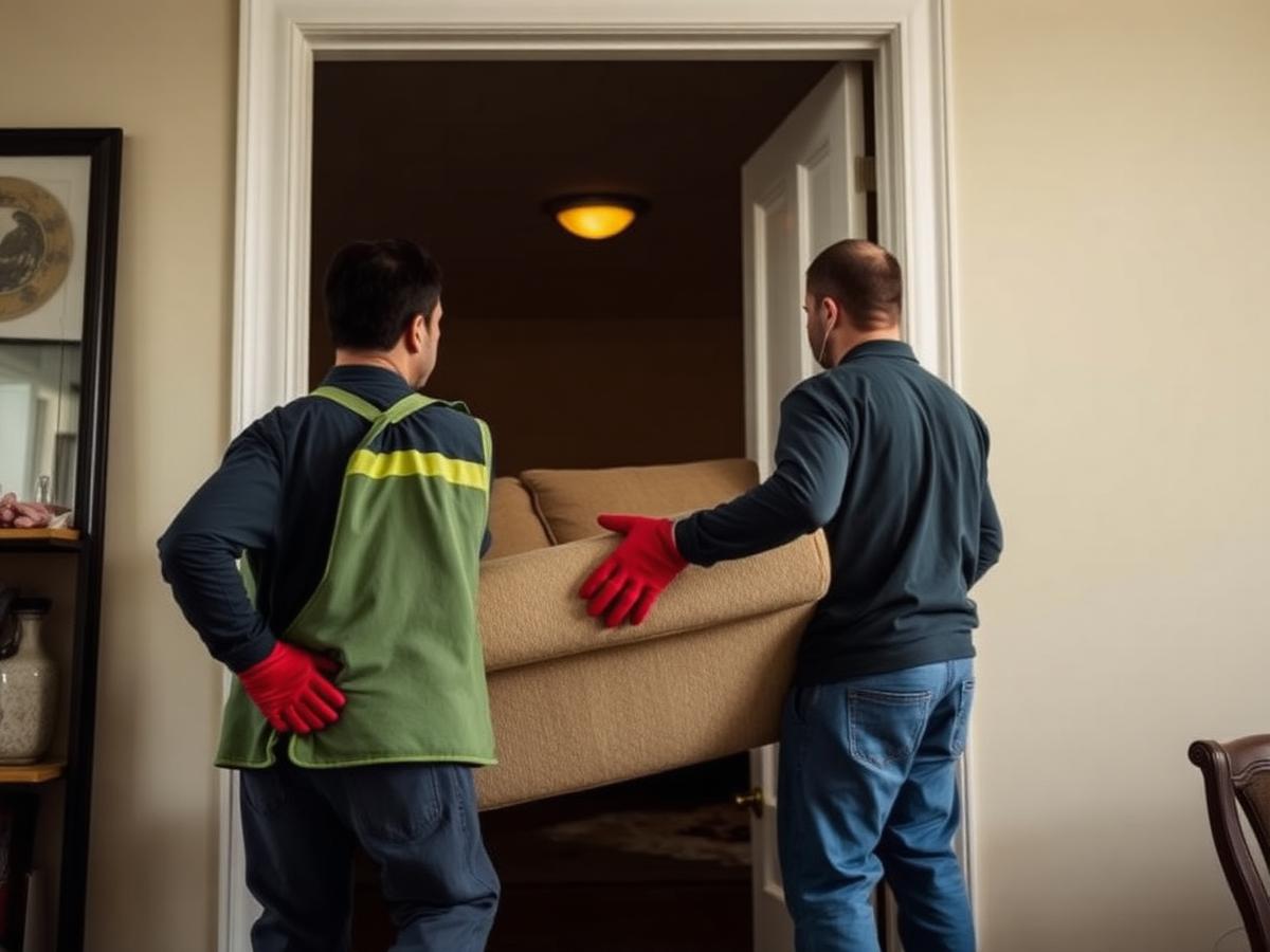 Two workers in red gloves carrying an old sofa out of a home