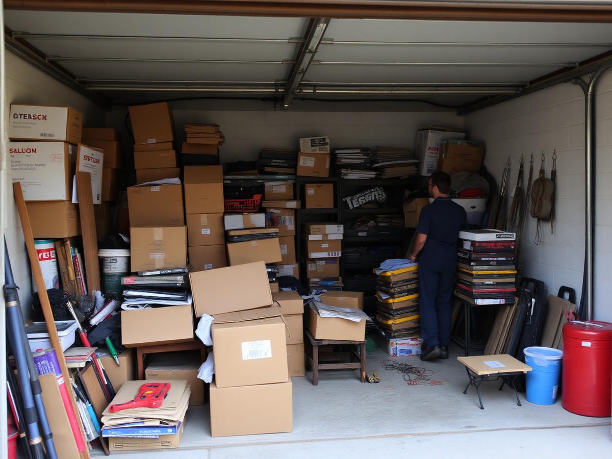 Cluttered suburban garage being cleared out by a worker